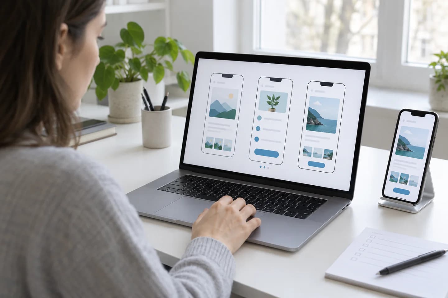 A designer reviewing mobile app screenshot layouts on a laptop and phone in daylight