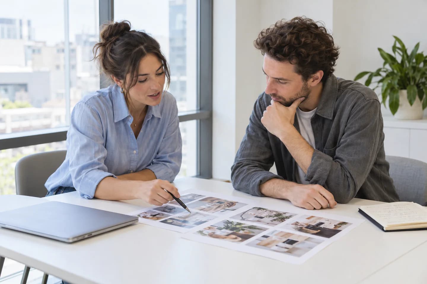 Two collaborators discussing printed lifestyle content at a table beside an office window