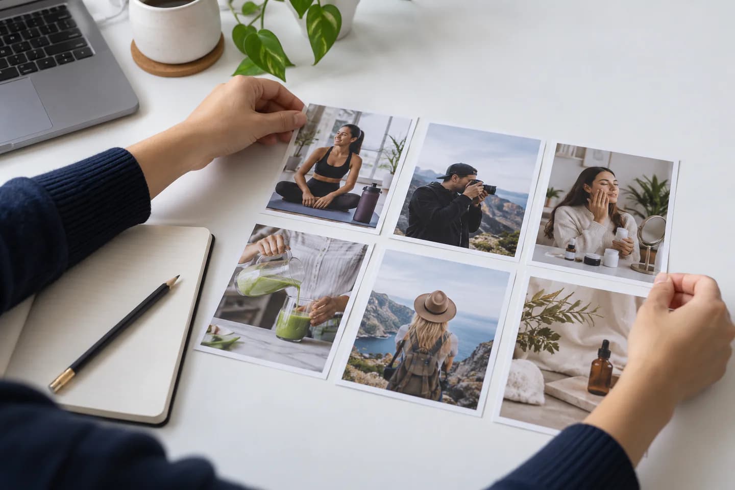 A campaign planner arranging printed creator photographs on a white worktable