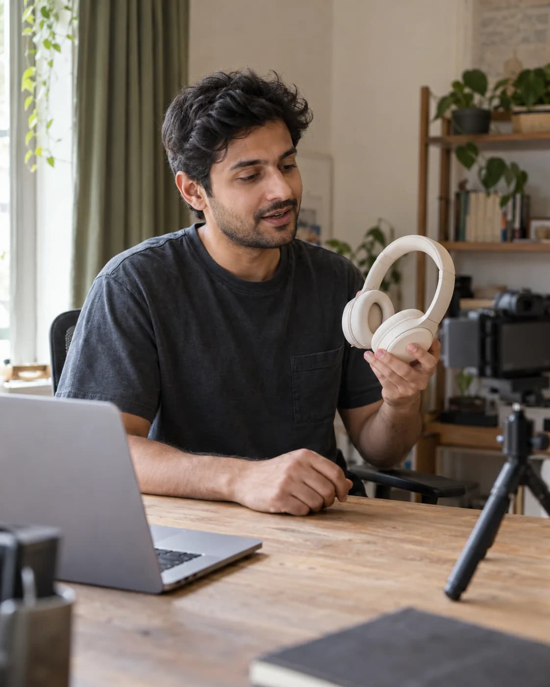 Illustrative scene of a creator recording a headphone review in a naturally lit home workspace